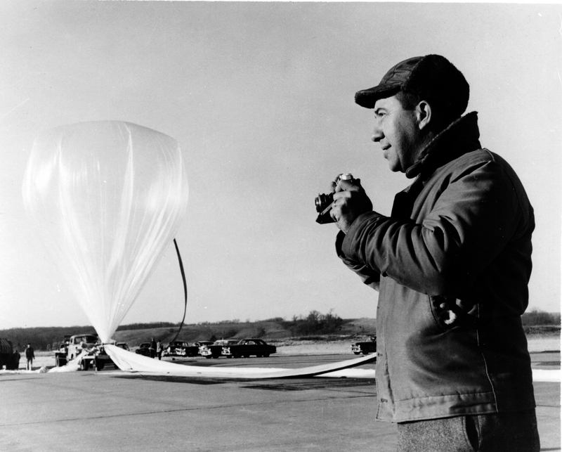 James Van Allen photographing the rackoon experiments to detect cosmic rays in Earth's atomosphere