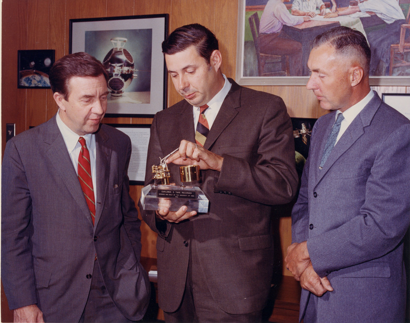 James Van Allen, George Ludwig and Ed Freund pose with Explorer III tape recording device