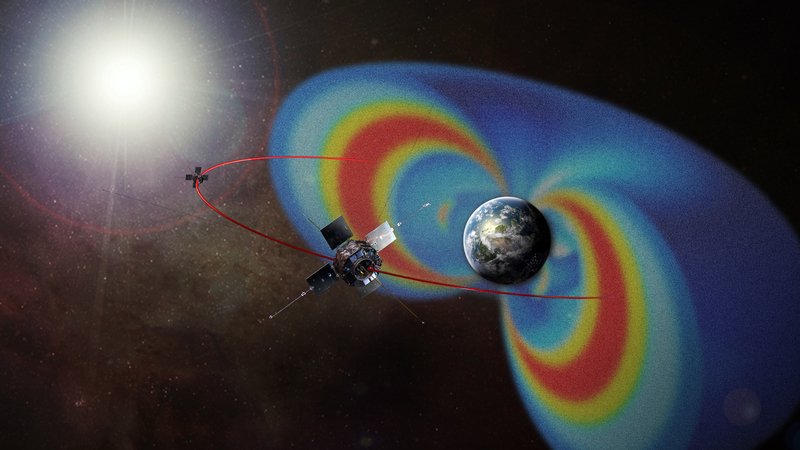 3D computer rendering of the Twin Van Allen probes circling Earth