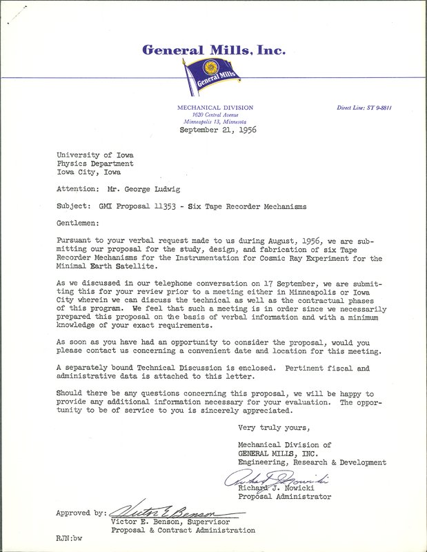 General Mills mechanical division letter of submission for the six tape recorder mechanisms for Explorer 1