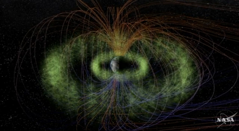 NASA computer generated illustration of Earth, its magnetosphere and the 2 rings of the van allen radiation belts