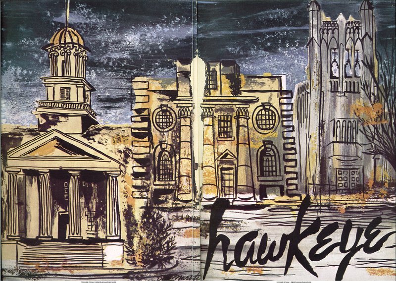 Selection of interior pages from the 1951 State University of Iowa year book depicting an artist's rendition of the University of Iowa campus