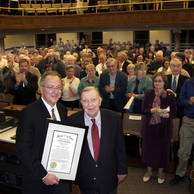 The conclusion of Van Allen Day in McBride Hall. James Van Allen recieving award